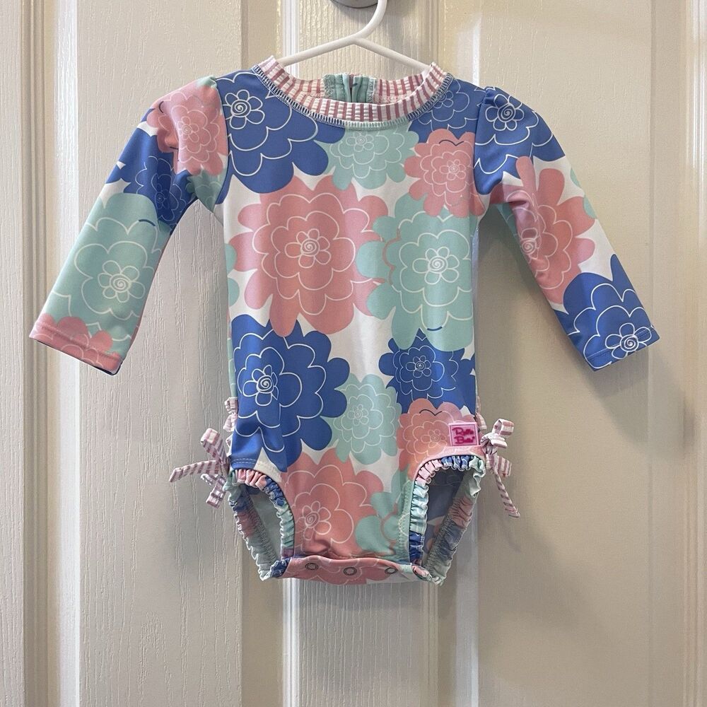 RuffleButts Pastel Petals Long Sleeve One-Piece Rashguard Swimsuit Girls 6-12 M